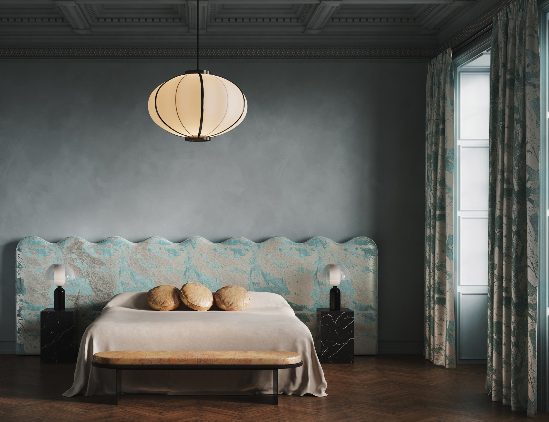 Elegant bedroom with a modern bed, decorative pillows, marble side tables, and a stylish pendant light in neutral tones.