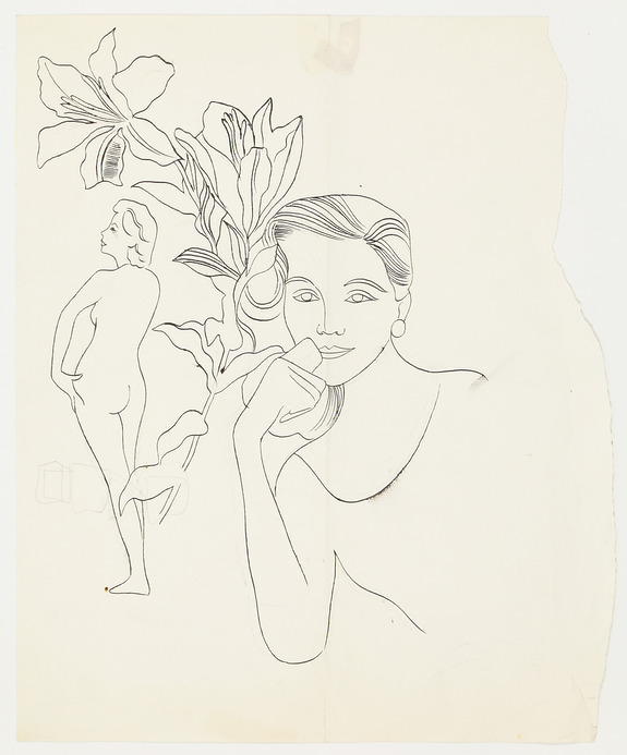 Line drawing of a woman in front of large flowers with another figure in the background on a textured paper.