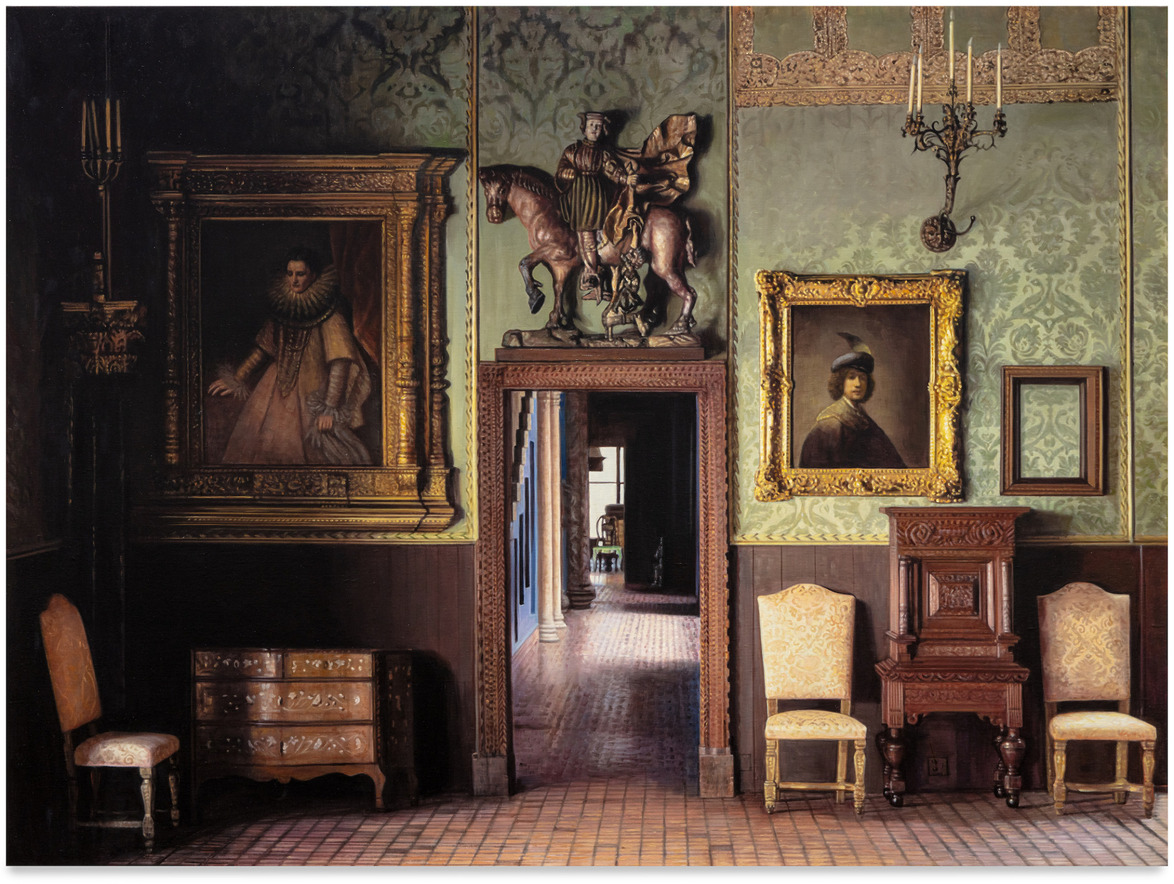 Vintage room with antique paintings, ornate furniture, and a statue above door, showcasing classic art and decor.
