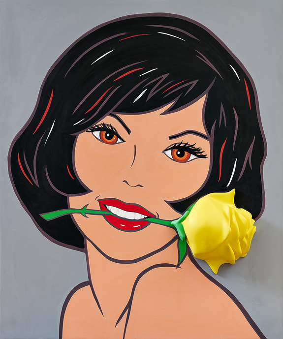 Illustrated woman with short black hair holding a yellow rose in her mouth against a gray background.