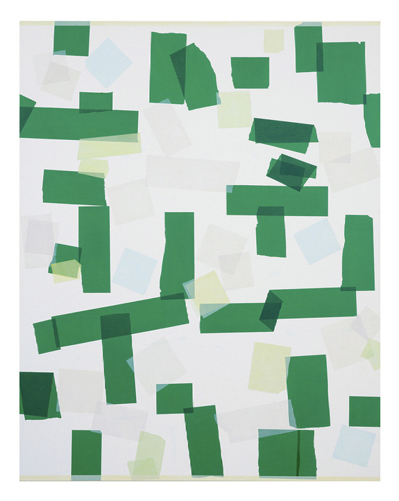 Abstract artwork featuring various green and light-colored rectangular shapes scattered on a white background.