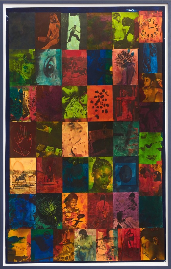 Colorful collage of various images including portraits, animals, a clock, and abstract designs arranged in a grid.