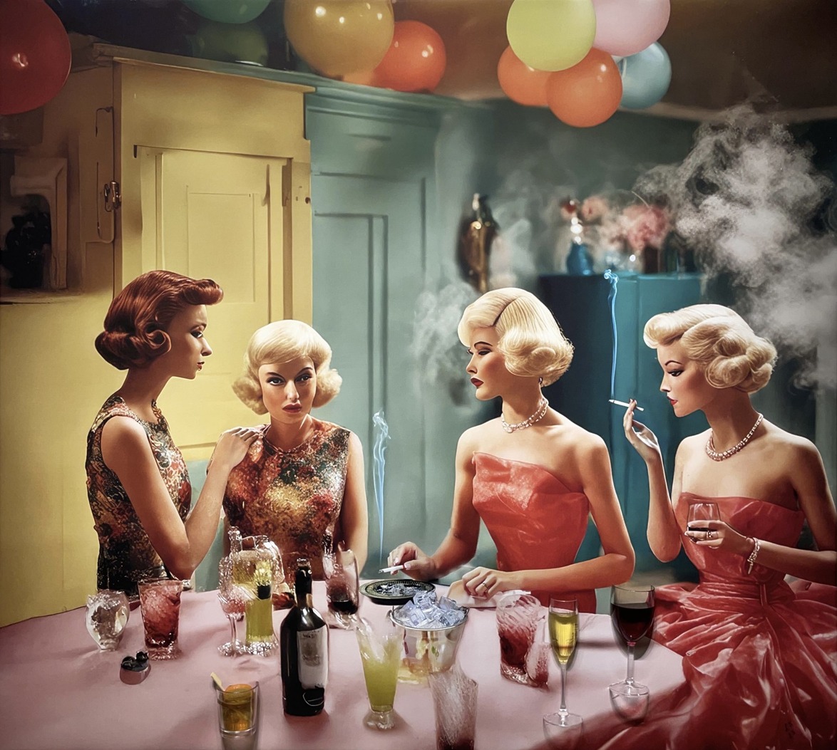 Four women in vintage dresses enjoying drinks and smoking at a party with colorful balloons overhead.