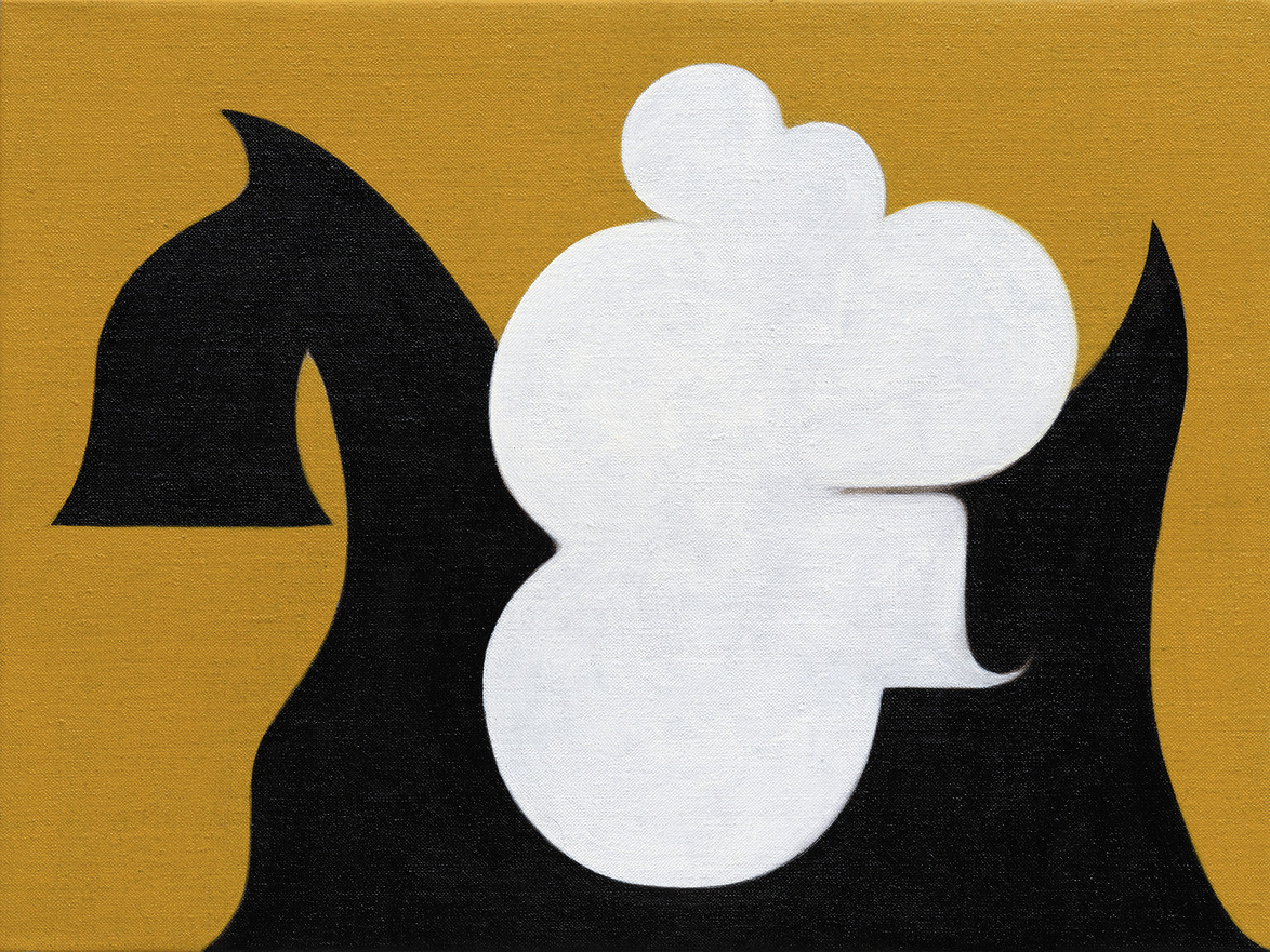 Abstract painting with black horse shape and overlapping white cloud-like forms on mustard yellow background