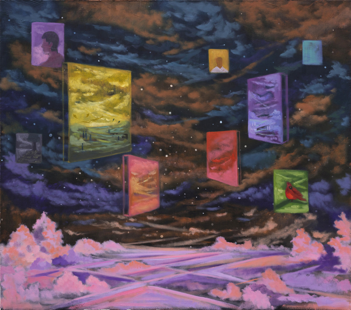 Surreal painting with colorful floating canvases in a cloudy sky over a dreamy landscape with pink and purple tones.
