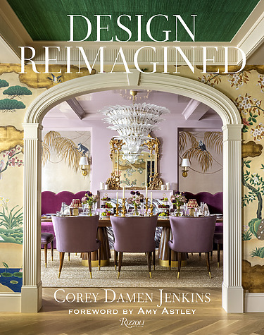 Elegant dining room with purple chairs, ornate chandelier, and artistic wall murals under an archway.