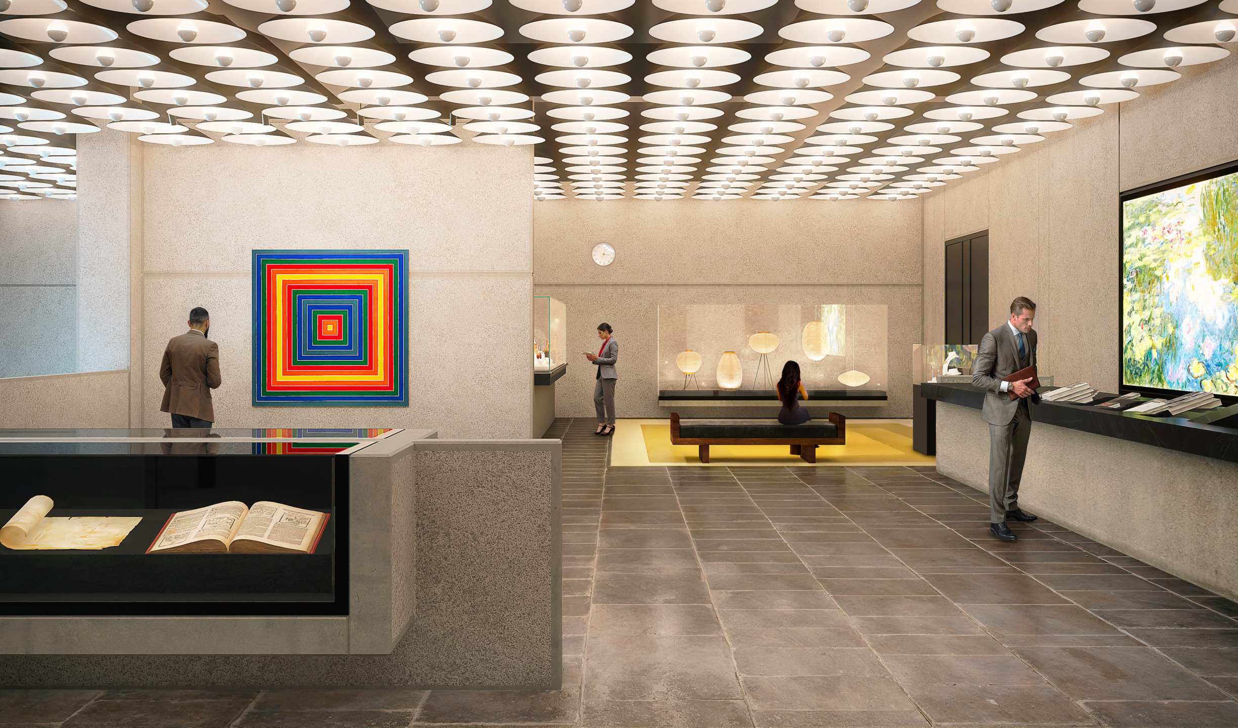Museum interior with people viewing modern art and historical artifacts, including colorful paintings and ancient books.