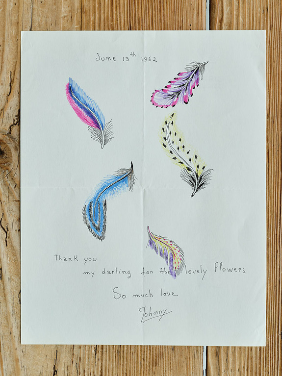 Vintage handwritten note with colorful feather drawings, dated June 13, 1962, expressing gratitude for flowers.