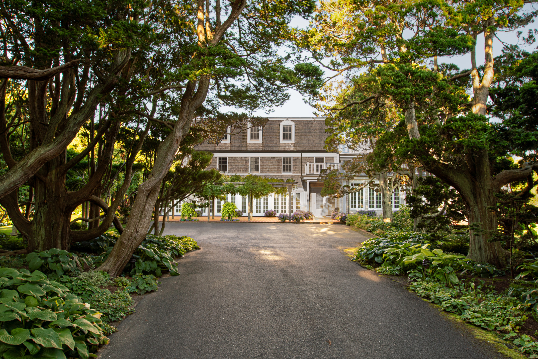 Elegant manor house framed by tall trees and lush greenery, featuring a wide driveway leading to the entrance.