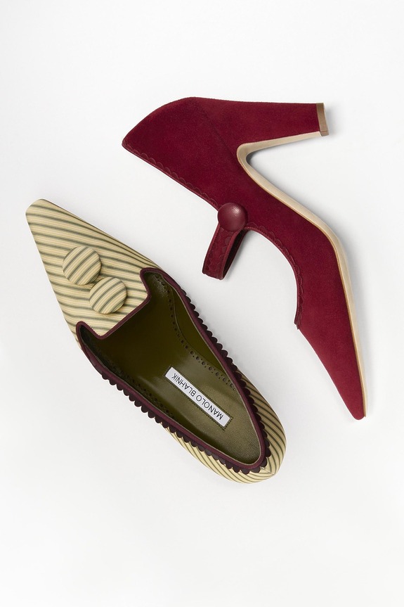 Two elegant women's shoes: a red pump with a strap and a striped flat with bow accents, on a white background.