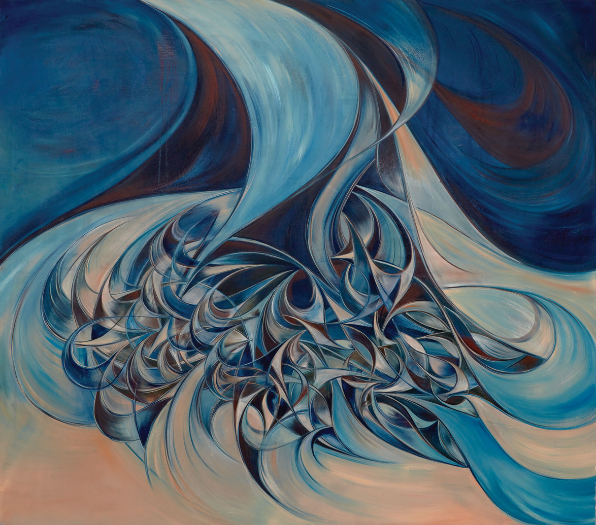 Abstract painting with swirling blue and white patterns creating a dynamic movement and intricate design against a dark background.