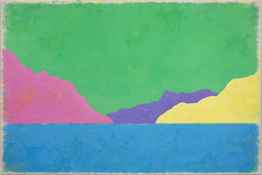 Abstract landscape painting with vibrant colors including green, pink, purple, yellow, and blue, resembling hills and water.