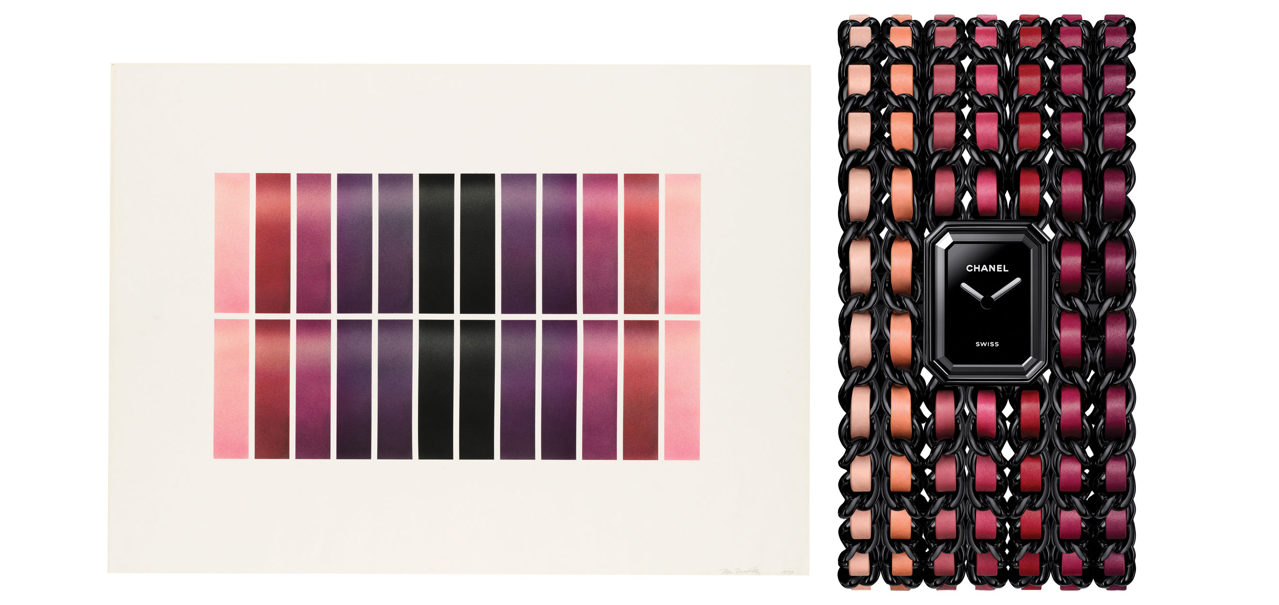 Color gradient artwork next to a Chanel watch with a colorful woven strap and black rectangular face.