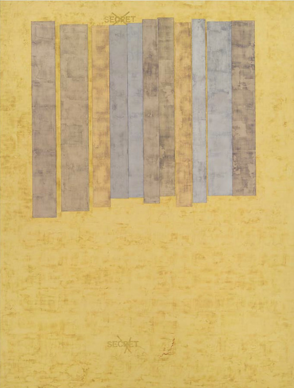 Abstract artwork with vertical, rectangular shapes in grey tones on a textured yellow background.