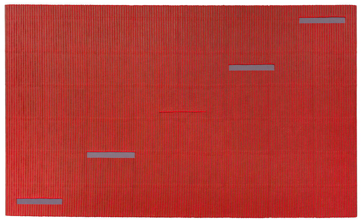 Abstract artwork with horizontal red lines and five parallel gray rectangular shapes on a bright red background.