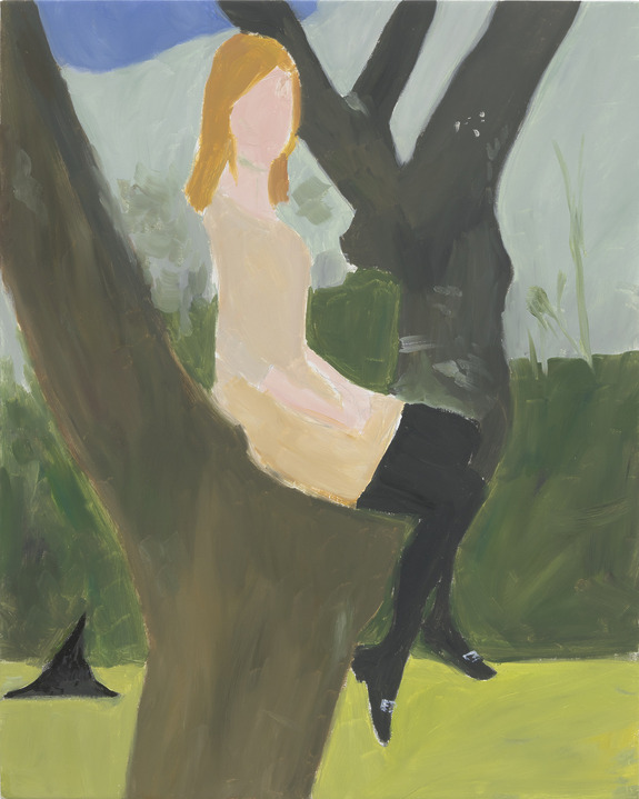 Painting of a person sitting on a tree branch in a park with a green background and a blue sky.