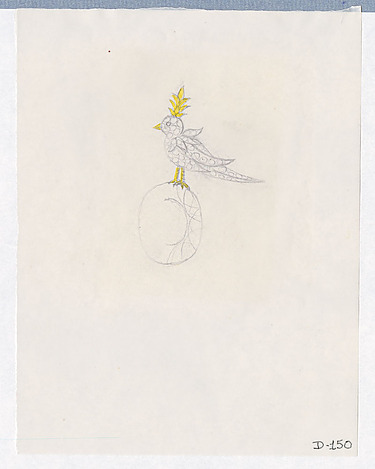 Sketch of a bird with yellow feathers on its head, perched on a circular shape against a light background.
