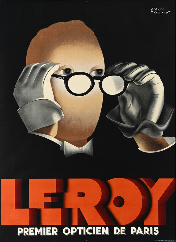 Vintage poster featuring a faceless figure adjusting glasses with text "Leroy Premier Opticien de Paris" against a dark background.