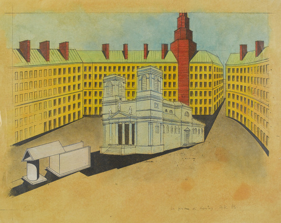 Illustration of a city square with a church, surrounded by colorful buildings and a red tower in the background