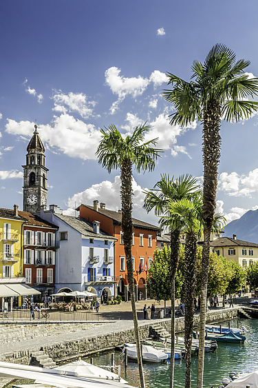 Colorful lakeside buildings with palm trees and boats docked in a small harbor under a bright blue sky.