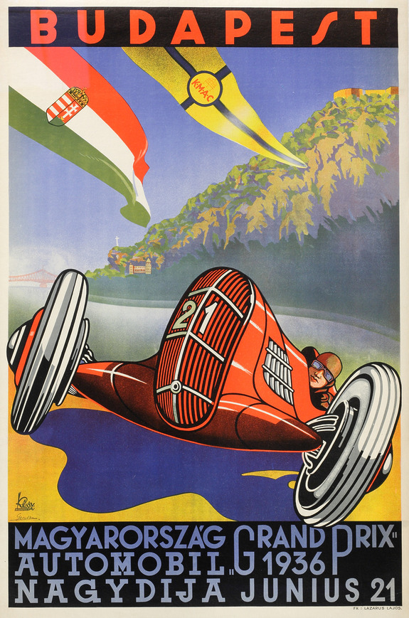 Vintage poster of a red race car in the 1936 Budapest Grand Prix with vibrant flags and scenic background.