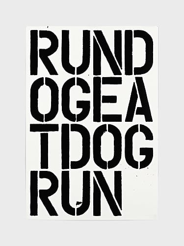 Black stencil text on white background reading "RUN DOG EAT DOG RUN" in bold, block letters.