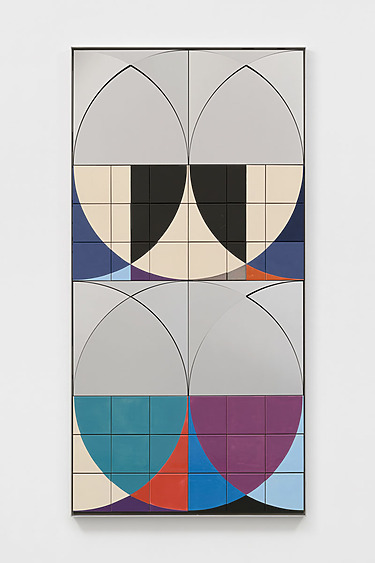 Abstract geometric artwork with circular and rectangular shapes in gray, blue, purple, and black tones.