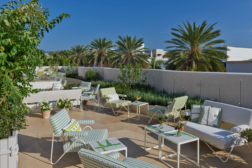 Luxurious rooftop patio with green and white patterned chairs, lush plants, and palm trees under a clear blue sky.