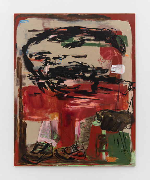 Abstract painting with bold black swirls, red and beige background, and a textured brown object in the lower right corner.