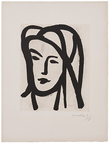 Black and white abstract portrait of a face with bold lines and minimal detail, signed by the artist.