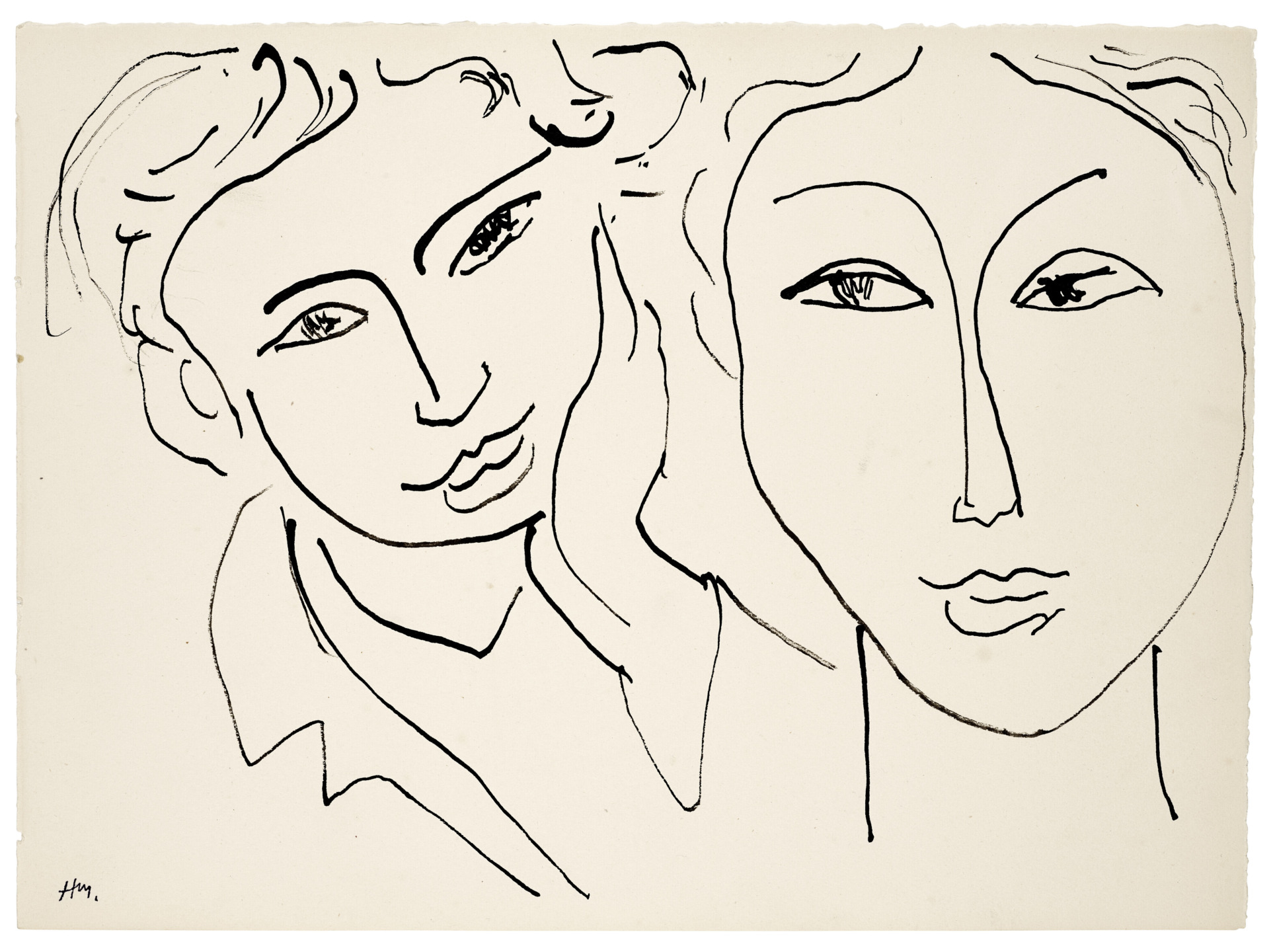 Abstract line drawing of two faces with minimalistic features and expressive eyes on a plain background.
