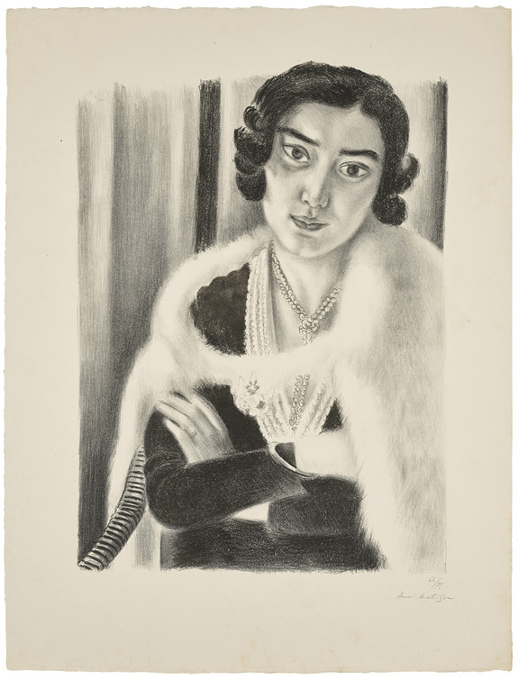 Portrait drawing of a woman with short hair, wearing a fur stole and layered jewelry, crossing her arms and giving a direct gaze.