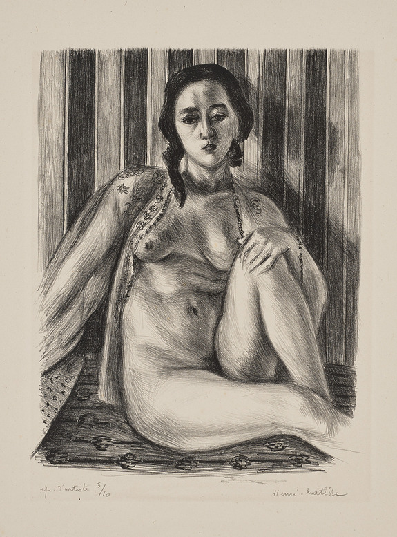 Seated woman with braids, wearing an embroidered robe, sketched on a striped background in a Matisse artwork.