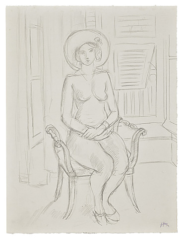Sketch of a seated woman wearing a hat, sitting on a chair in a room with window shutters in the background.