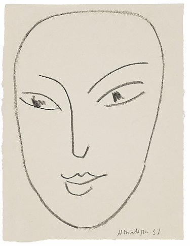 Minimalist sketch of a face with bold lines and simple features on white paper.