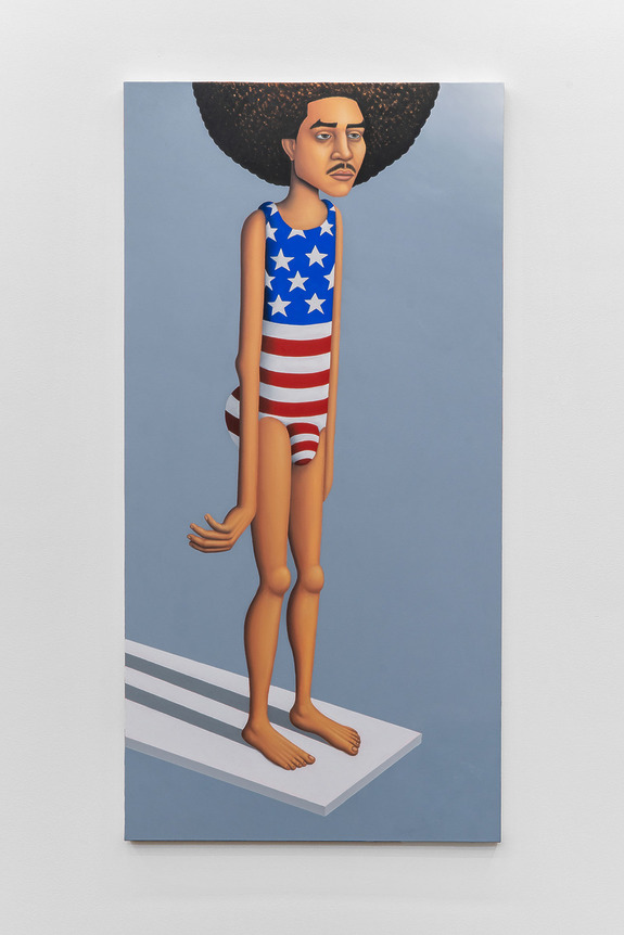 Painting of a person with an afro hairstyle in a stars and stripes swimsuit standing on a diving board against a gray background.