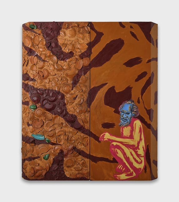 Textured abstract artwork with brown and orange patterns, featuring a seated figure with a blue face and pink body.