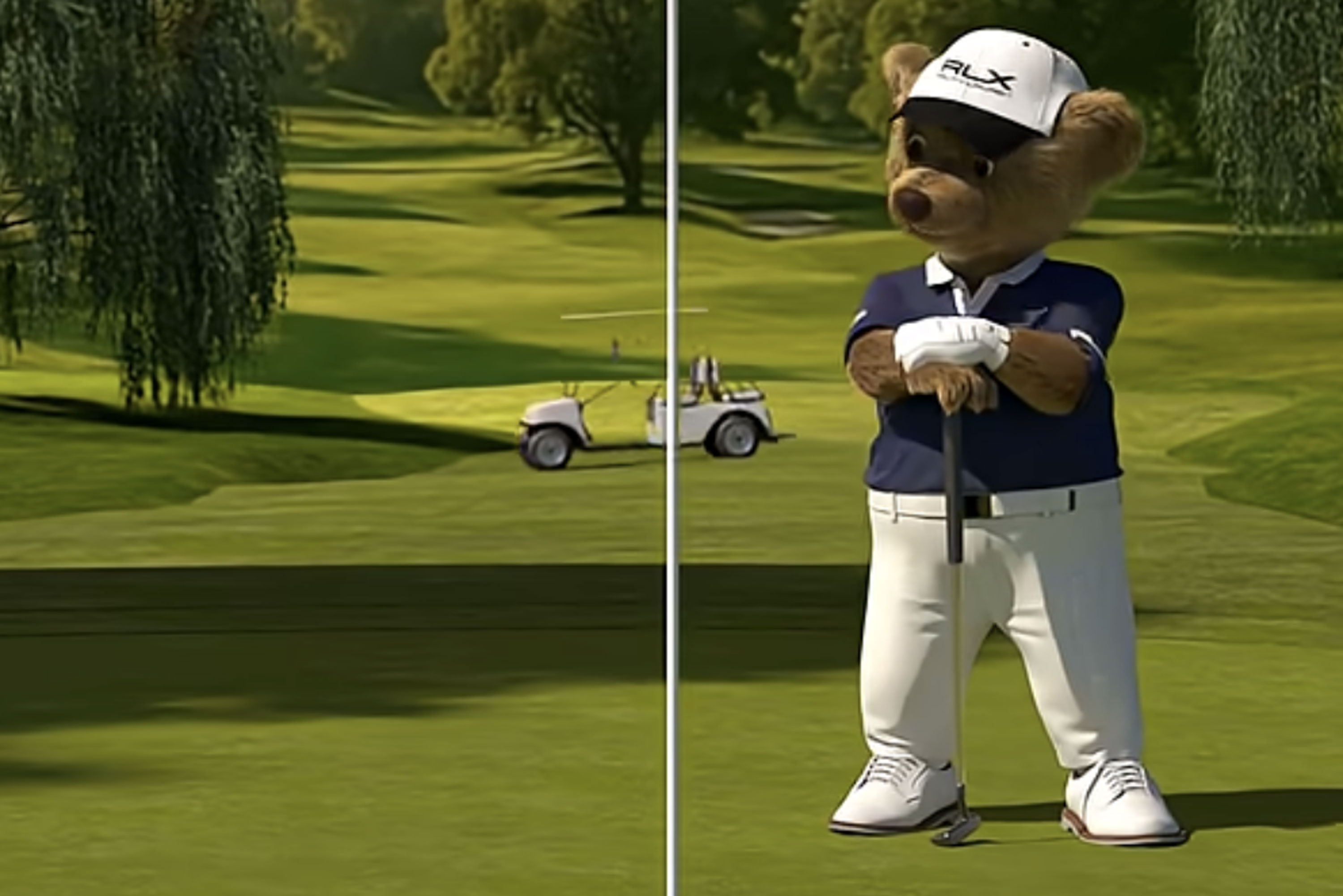 Animated bear in golf attire holding a club on a lush golf course with a cart in the background.