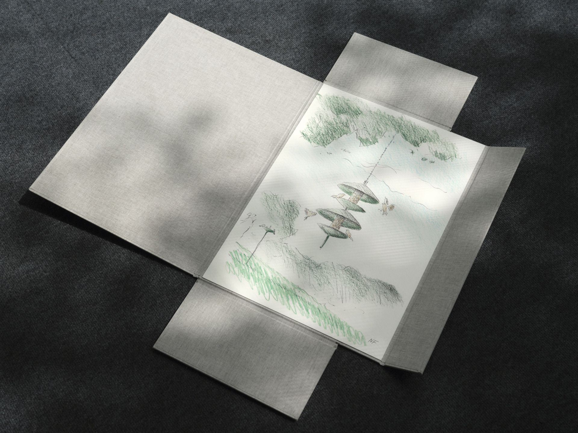 Open folder with an abstract drawing featuring green and gray tones placed on a dark textured surface.