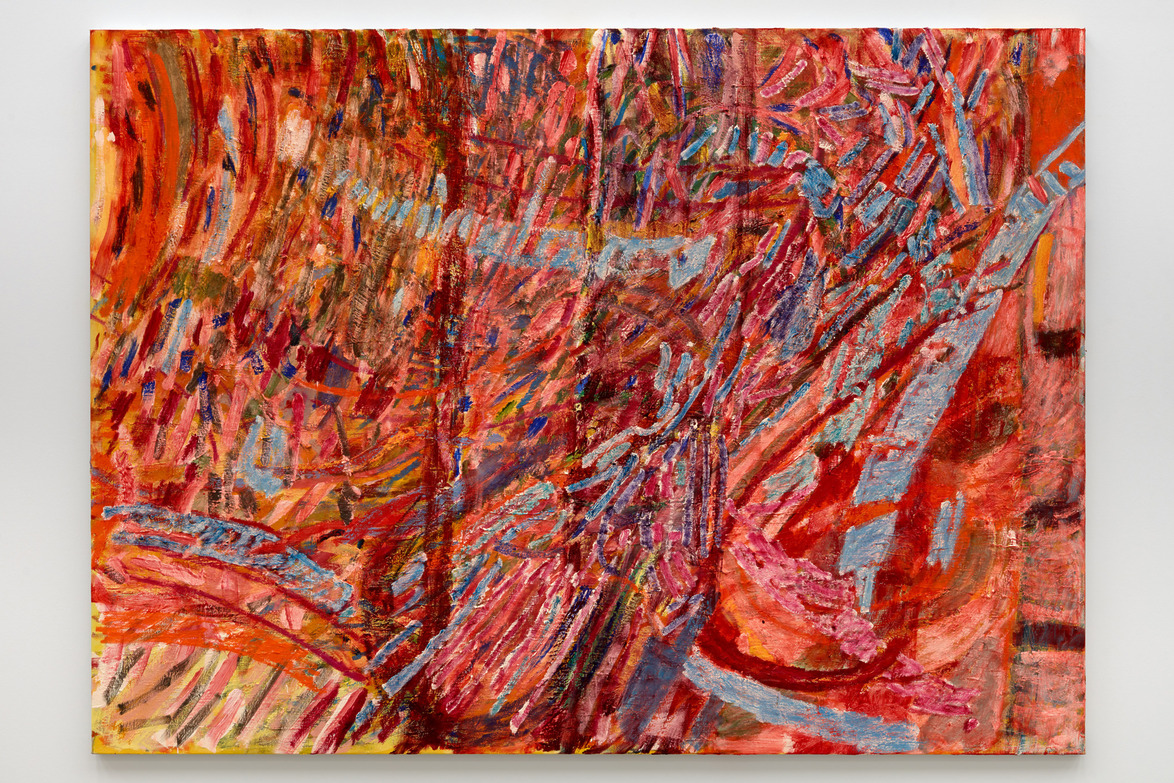 Abstract painting with vibrant red, orange, and blue brushstrokes creating a textured, dynamic composition