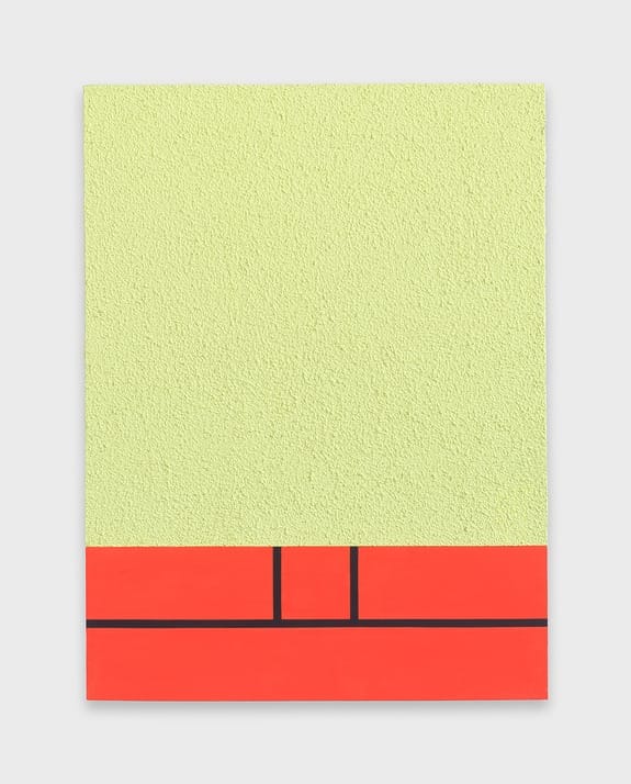 Minimalist abstract painting with a textured light green top and bold red bottom divided by thin black lines.
