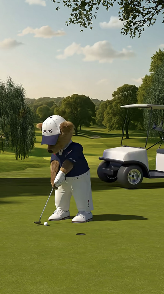Cartoon bear golfing on a lush green course with a golf cart in the background.