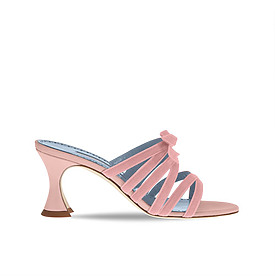 Pink open-toe high heel sandal with multiple straps and a unique heel design placed against a white background.