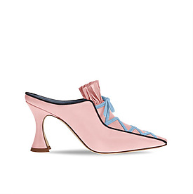 Pink high-heeled mule with blue ribbon detailing and unique heel design against white background.