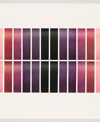 Abstract artwork featuring vertical rectangles in gradient shades of pink, purple, and black arranged in a grid pattern.