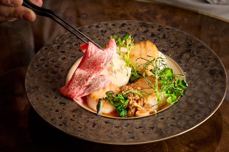 Gourmet dish with thinly sliced meat, sautéed mushrooms, greens, and crispy rounds on an elegant plate.