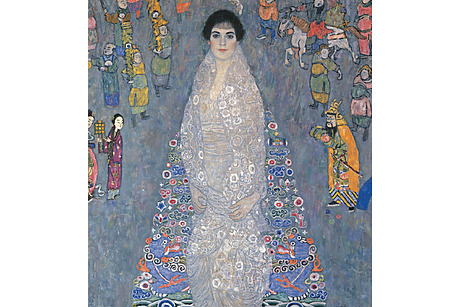 Painting of a woman in a detailed dress, surrounded by colorful figures, with intricate patterns in the background.