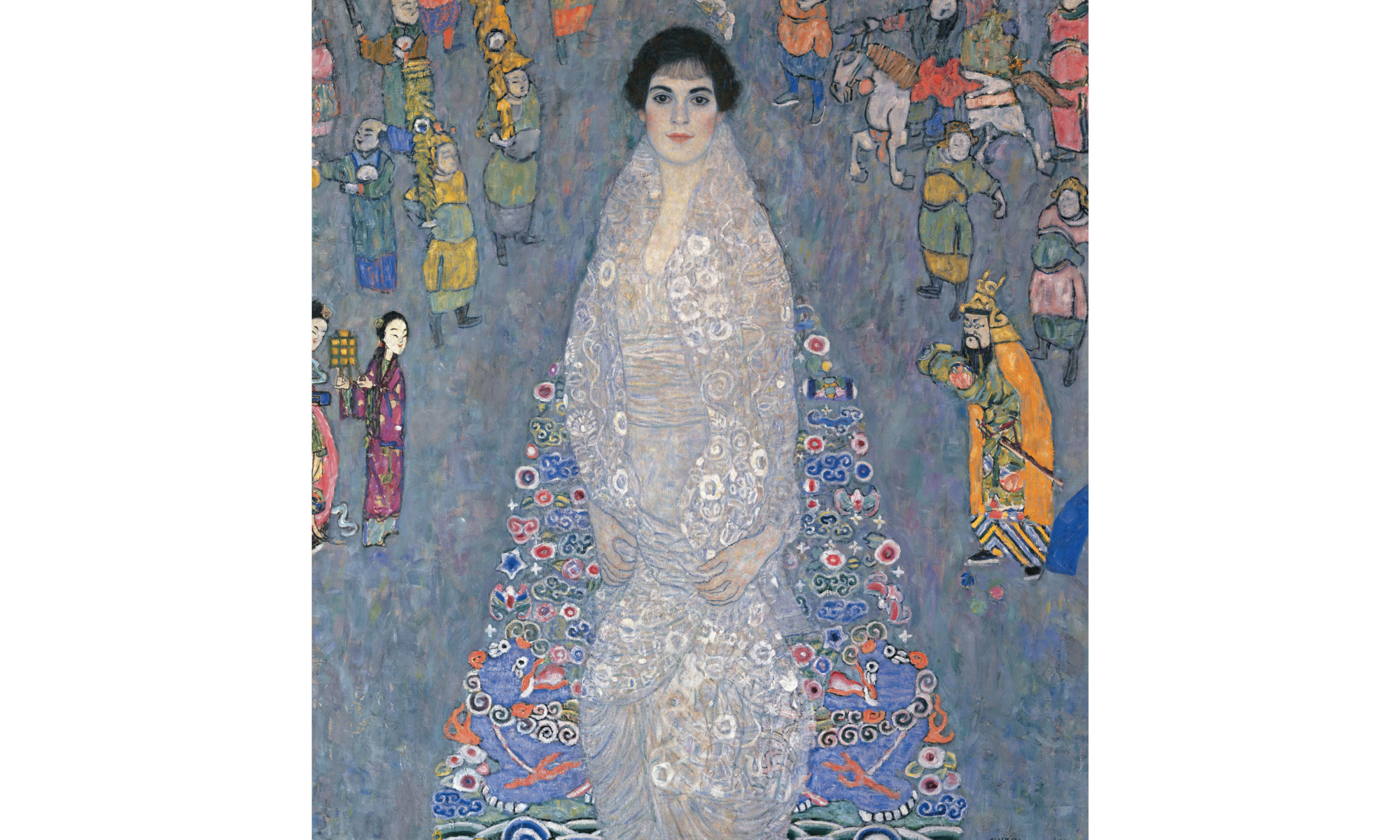 Painting of a woman in a detailed dress, surrounded by colorful figures, with intricate patterns in the background.