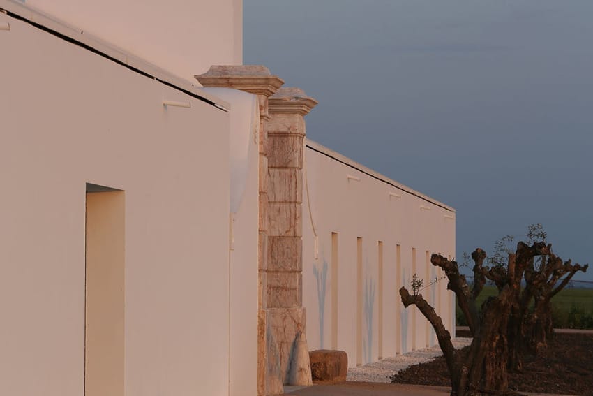 Modern white building with evening sky reflected in a still pool, surrounded by minimalist landscaping and trees.