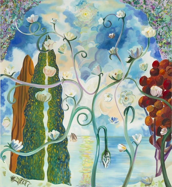 Surreal landscape with blooming flowers, colorful trees, and a tranquil sea under a vibrant sky with swirling clouds.